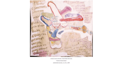 A painting with multiple penises and scrawled text.
