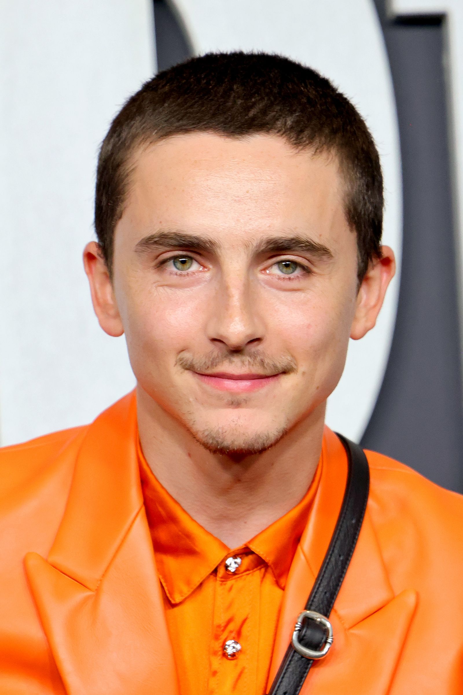 Image may contain Timothe Chalamet Adult Crew Cut Hair Head and Face Photography Portrait Happy and Smile