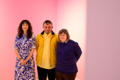 Portrait of the artistic team for the Hungary Pavilion (from left): curator Luca Cserhalmi, artist Endre Koronczi, and commissioner Julia Fabényi, director of the Ludwig Museum.