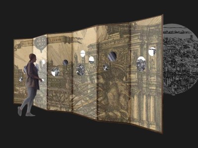 An image of a person looking through a folding screen with holes cut into it.