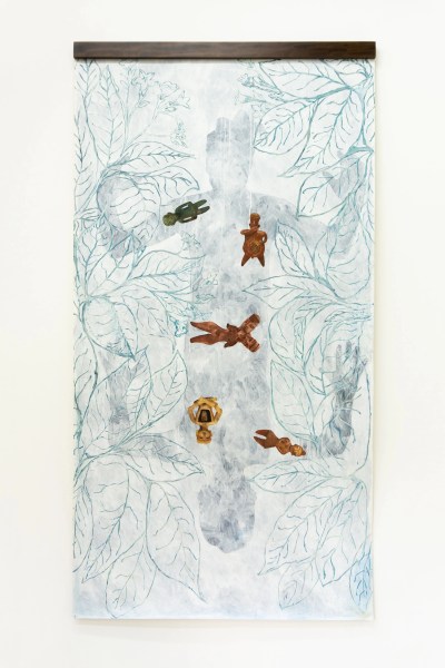 A painting of small figurines falling through a light blue void with the outlines of leaves visible in it.