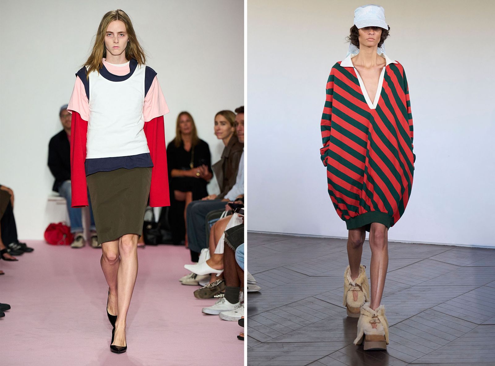 Image may contain clothing, footwear, shoes, adult long sleeves, sleeves, high heels, sneakers, shorts, coats and faces