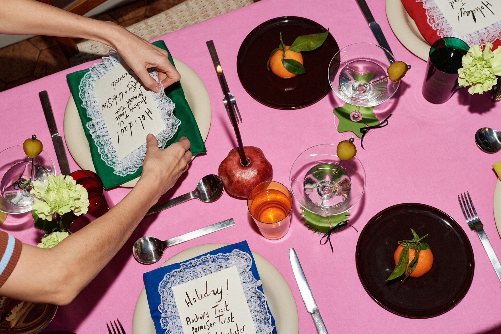 Image may contain furniture, tables, dining tables, cutlery, plates, food, fruit, pear plants and produce