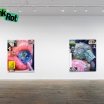 Hanging on the white wall are two paintings with a large number of smaller images.