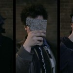 The composite image shows three men with faces covered in stones.