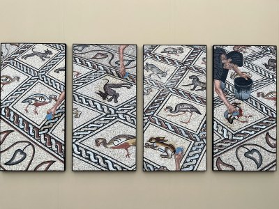 Four different views of a Gaza floor mosaic, including one of a man cleaning the floor with a bucket and sponge.