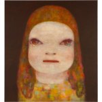 The painting shows a young girl with bangs crying.