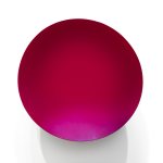 Round red sculpture on white background.