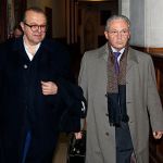 PARIS, FRANCE - JANUARY 6: French-American art dealer Guy Wildenstein (right) arrives with lawyer Herve Temime (left) at a Paris courthouse for the second day of the trial on January 6, 2016 in Paris, France. Guy Wildenstein is on trial for defrauding the French government of €500 million ($550 million) in taxes. (Photo Chesnor/Getty Images)