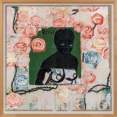 A painting of a black woman's bare breasts surrounded by roses.
