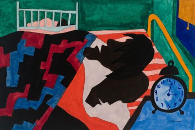 A watercolor painting depicting two black figures leading to a patterned quilt.