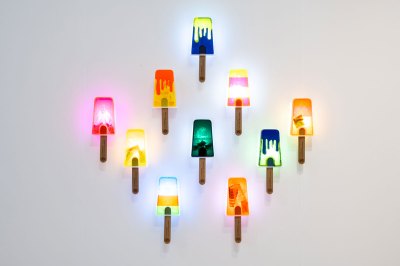 Various resin sculptures in the shape of popsicle sticks.