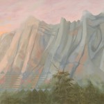A landscape painting of a mountain at sunset with an Aboriginal pattern covering the lower left corner.