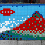 Image of a pixelated mosaic artwork installed in Tokyo, Japan.