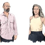 The illustration on the left shows a bald, bearded, bespectacled man in a light pink button-down shirt who looks suspicious. On the right is an illustration of a woman with shoulder-length hair wearing a yellow sleeveless top and a black skirt with her hands in her pockets