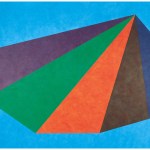 Colorful abstract geometric drawing with blue background and purple, green, orange, brown and dark blue shapes