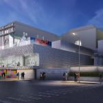 A rendering of the boxy museum building at dusk.