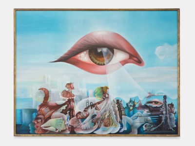 A painting of a large eye staring down at an assortment of creatures below.