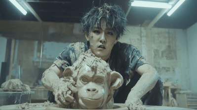 A man sculpts a monkey head out of sand.