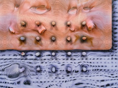 The painting features wavy, fleshy brown masses suspended above a twisted purple grid. A grid of silicone protrusions protrudes from the surface.