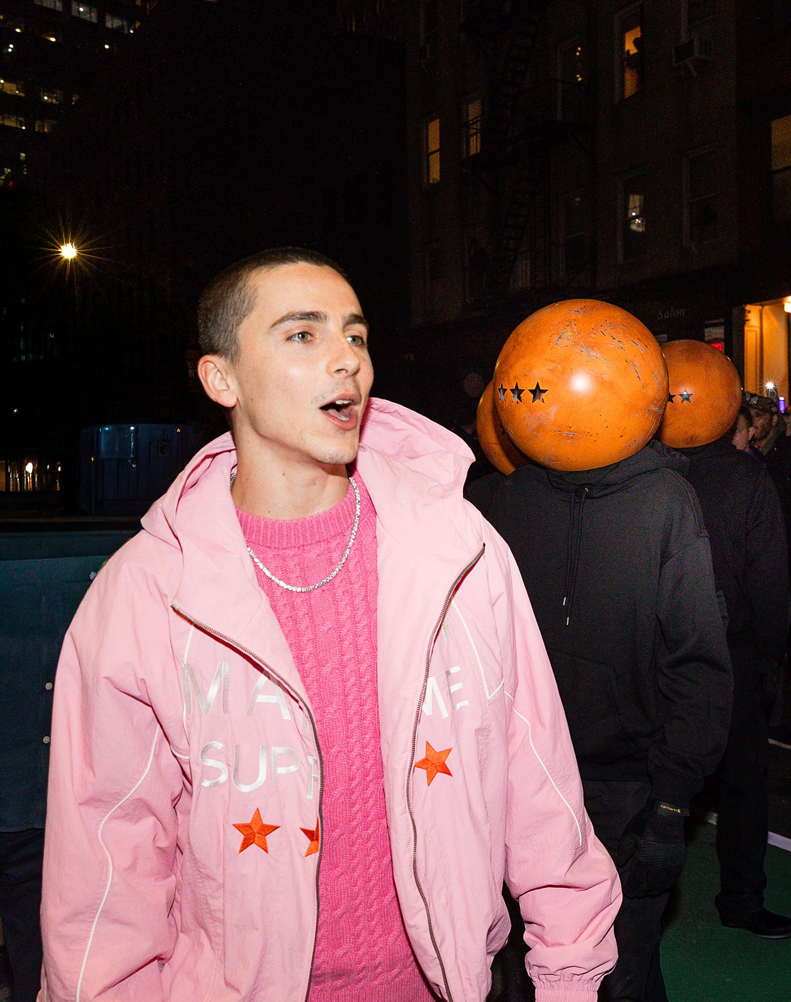 Images may contain Timothe Chalamet clothing, coats, jackets, faces, heads, people photography, adult portraits and gloves