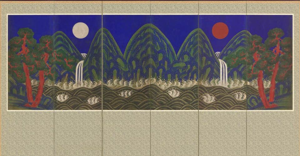 Korean painted screen with red sun and silver moon.