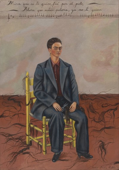 A painting of a woman with shorn hair seated in a chair with locks on the floor all around her. Above her is a musical staff with notation on it.