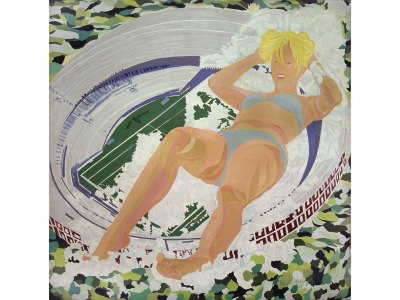 A painting of a colossal blonde woman in bikini laying over a soccer stadium.