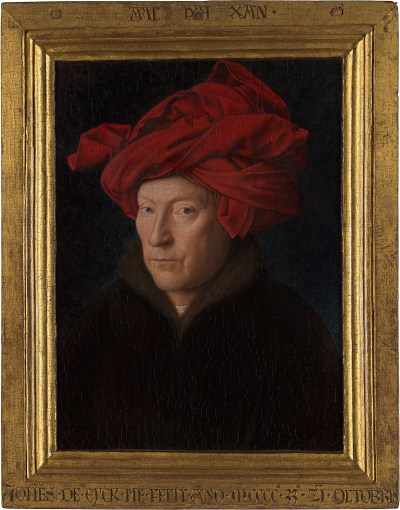 A painting of a man in a red turban.