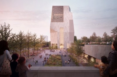 Architectural rendering of a rising white stone building with a plaza in front of it as seen from a balcony.