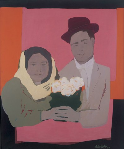 A painting of a woman and a man holding vases with flowers.