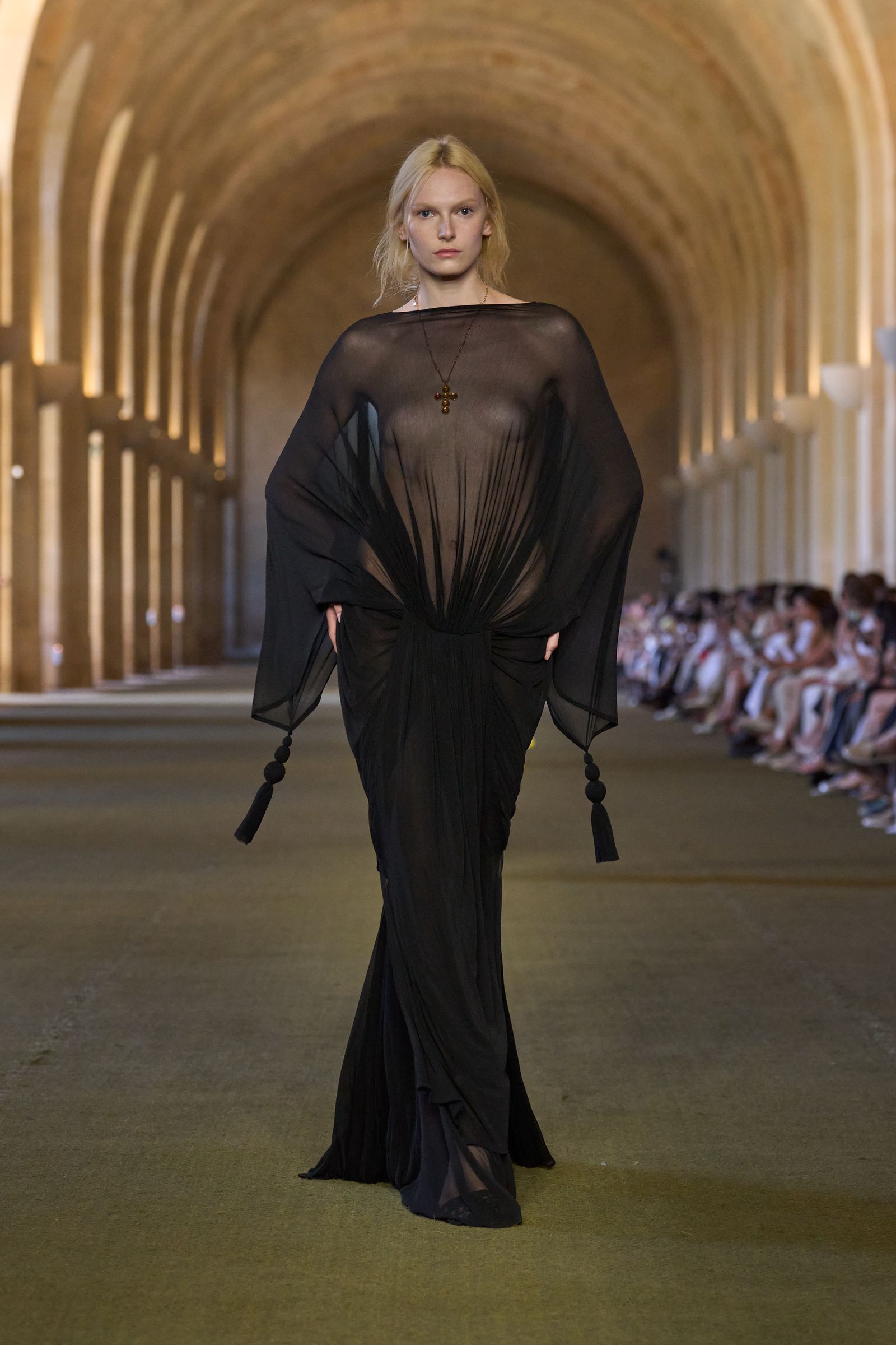 Image may contain fashion adult accessories, jewelry, necklaces, formal clothing and dresses