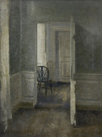 An interior painting showing an open door with a chair visible.