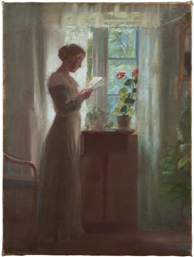 A woman stands by the window reading a letter. On the right is a potted plant.