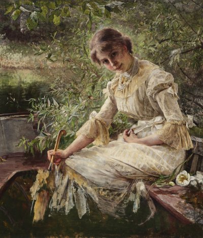 A young woman wearing a 19th century yellow dress sits on a boat against a lush background.