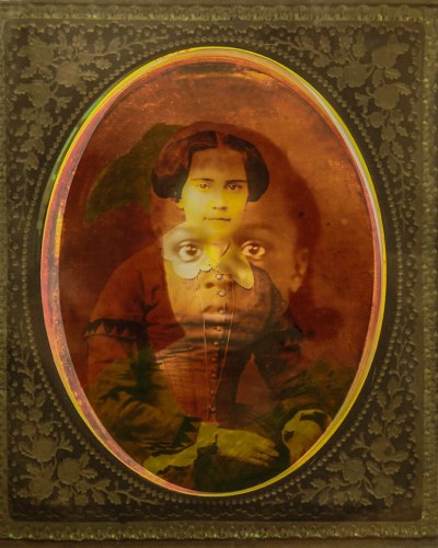 An artwork showing a photo of a black girl superimposed on a young woman. 