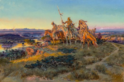 A painting shows a wide Western American landscape, with several Native Americans on horseback, one of them holding a spear