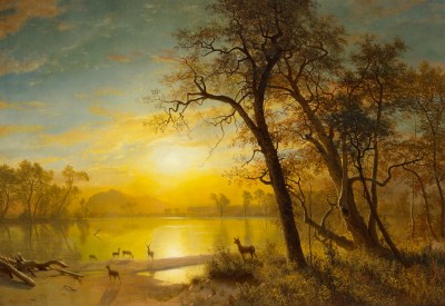 An intensely colorful painting shows the sky shining on an untouched landscape with a lake in the foreground and mountains in the distance.