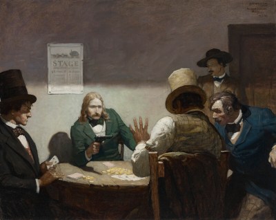 A painting shows several men at a card game in early 20th century clothing, with one man pointing a gun at another
