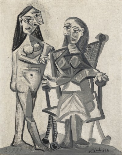 A gray painting by Picasso showing two versions of a woman, one standing, naked, and one seated, clothed