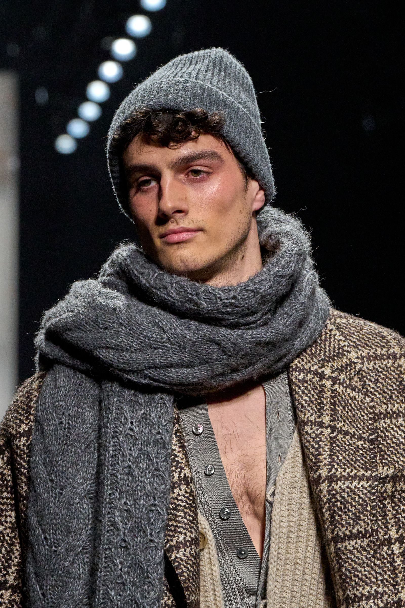 Image may contain hats, clothing, hats, scarves, faces, heads and people