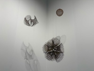 Several hanging pieces made of wire.