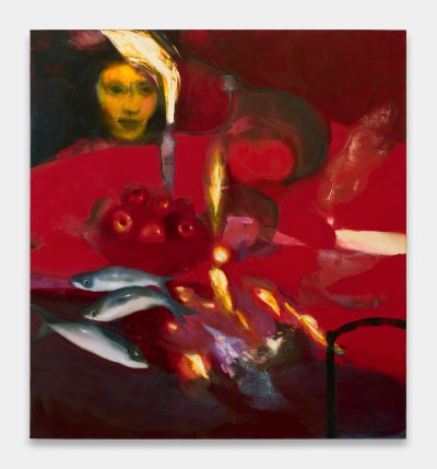 An abstract painting of a female figure with fish in front of her.