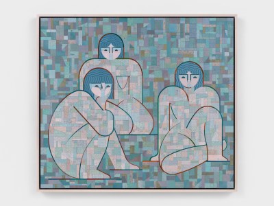 A painting of three nude women sitting together. They appear to be composed of unevenly shaped blue squares.