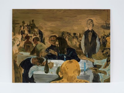 A sepia-toned painting of a waiter standing at a table and people clinking glasses and talking around bottles of wine. Other tables can be seen in the blurred background.