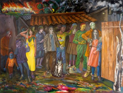 A huge painting of several figures looking at the jumble of colors on the ground. Behind them a city burned.