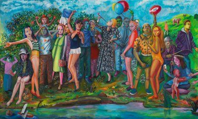 A group of characters in a pastoral scene.