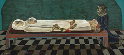 There are two figures in robes lying on the table