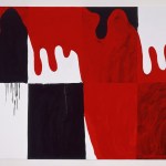 A painting of a checkerboard pattern with red flowing lines running diagonally across it.