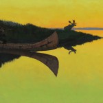 One painting shows a Native American in a canoe pointing a rifle at a moose.